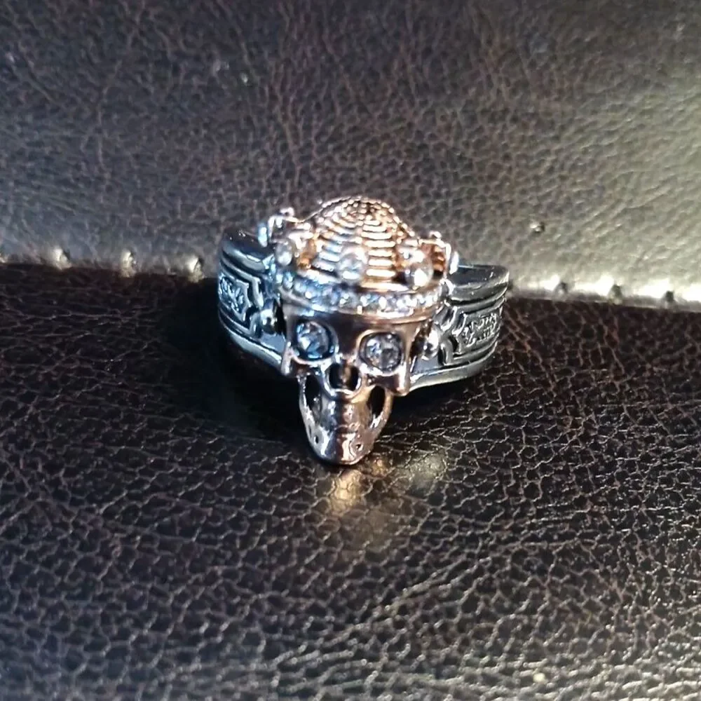 Men's Steel & Gold King SKULL Crystal Eye Ring Size 10 Halloween Biker